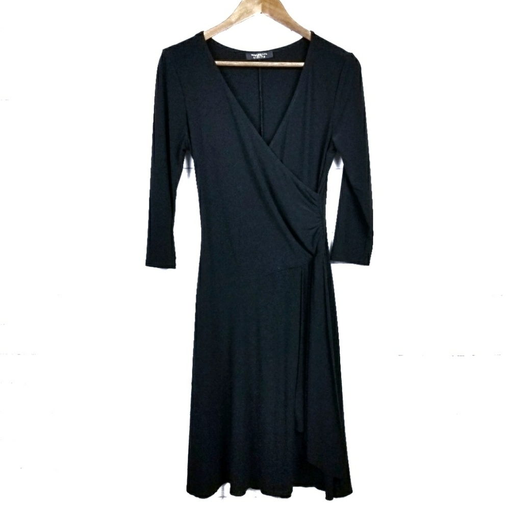 Womens Long Sleeve Black Wrap Dress‎ Size XS/S Midi V-Neck Career BMoss